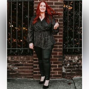 Lane Bryant Glitter Faux Wrap Blouse With Lomg Sheer Sleeves